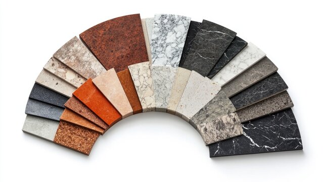 A variety of stone and tile samples in different colors and textures arranged in a semi-circle, showcasing options for floor design