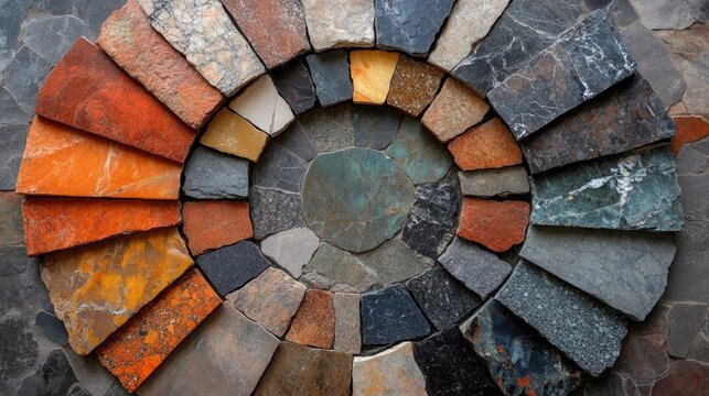A variety of stone and tile samples in different colors and textures arranged in a semi-circle, showcasing options for floor design