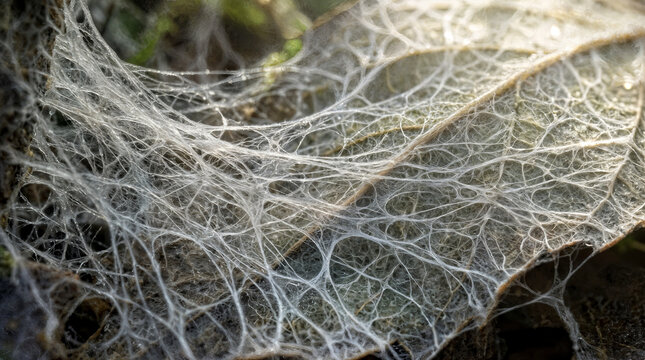 Macro texture of white mycelium network covering a decaying leaf