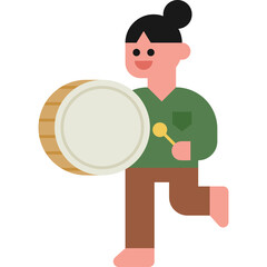 Pixel Art Person Holding Drum and Drumstick in Green Shirt Brown Pants and Black Hair Isolated on Transparent Background Cheerful Expression