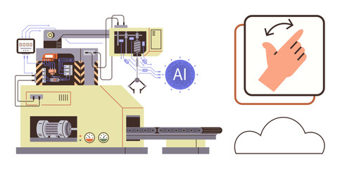 Advanced manufacturing machine with AI circuits, gesture control interface, and cloud connection. Ideal for automation, AI, innovation, technology, productivity digitalization innovation. Simple