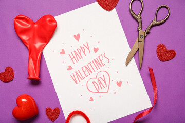 Card with text HAPPY VALENTINE'S DAY, red heart shaped decor and scissors on purple background