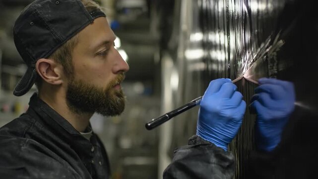 Medium shot of a technician inspecting a painted surface with copper flake conductive paint applied by brush to ensure consistent conductivity.