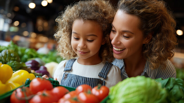 Latin mother and daughter doing grocery shopping together, fresh produce aisle, warm smiles, lifestyle candid, with copy space