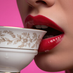 Red Gloss Lips with Vintage Teacup