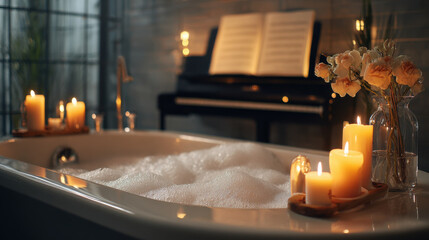 Romantic evening with candles, flowers, and a piano for a relaxing bath. Enjoy a cozy and romantic atmosphere with candles, flowers, and a piano, perfect for a relaxing evening