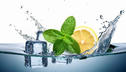 water splash with mint leaves ice cubes and lemon