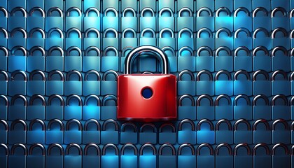 cybersecurity illustrated red padlock unlocked among blue ones in rows