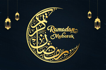 Elegant vector greeting for the Holy Month of Ramadan. Golden Arabic calligraphy, crescent moon, and Islamic lanterns on a dark, textured background. Perfect for the festival.