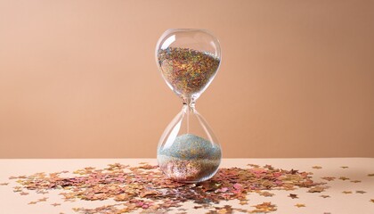 crystal hourglass filled with confetti on pastel cream background minimal surreal still life radiates anticipation and joy