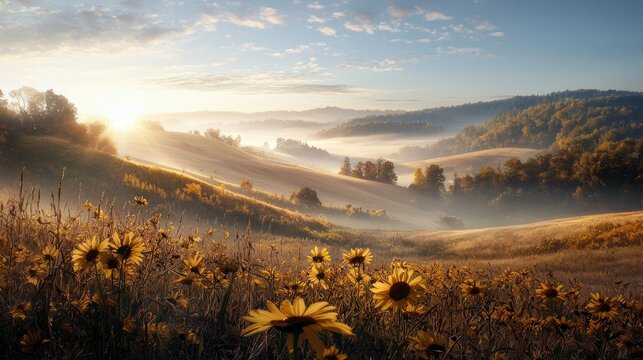 A field of sunflowers bathed in the warm light of sunrise, with rolling hills shrouded in mist and a bright sun in the sky. - Powered by Adobe