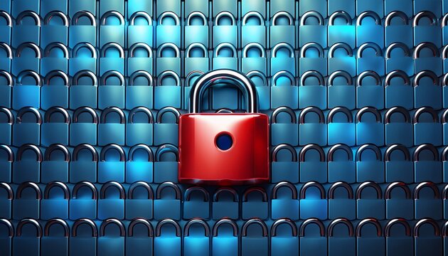 cybersecurity illustrated red padlock unlocked among blue ones in rows