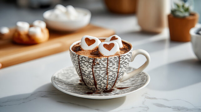 Valentine's Day hot chocolate with heart-shaped marshmallows. A cozy cup of hot chocolate with heart marshmallows is perfect for a romantic celebration