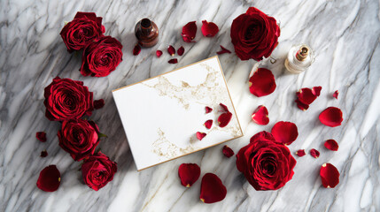 Romantic Valentine's Day gift with red roses, petals, and a marble background. This image evokes a sense of love, celebration, and the perfect gift for a special someone