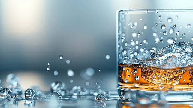 Close-up of a glass of whiskey with ice cubes and water droplets, creating a refreshing and dynamic composition.