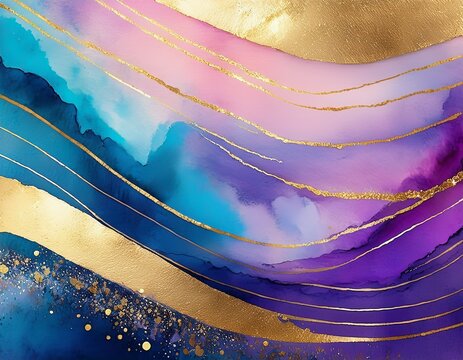 watercolor background with thin gold foil stripes a purple and blue gradient sky glitter sprinkled on the surface hyper realistic digital art