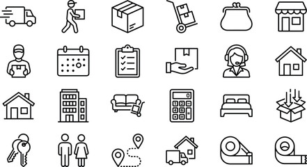 Delivery icons, moving service, logistics, shipping, relocation, customer support, home, package, minimal line style, flat vector, black white