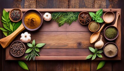 culinary herbs and spices on rustic wood background aromatic cooking ingredients frame for delicious gastronomy and flavoring ingredients culinary concept for website banners or
