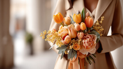 Woman holding a beautiful bouquet of orange tulips and roses. This lovely floral arrangement is perfect for a romantic gesture or special occasion