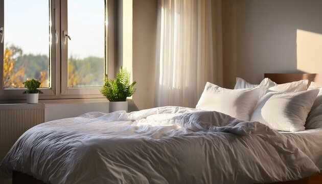 sunlit cozy morning scene of an unmade bed with crisp white linen bedding featuring soft pillows inviting comfort and relaxation with calming shadows creating a peaceful and