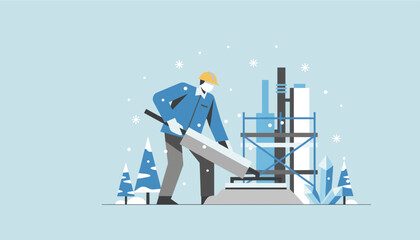 Industry professional operates heavy machinery at a winter construction or factory site