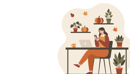 Remote worker uses a phone at a cozy autumn desk with pumpkins and plants Flat vector illustration