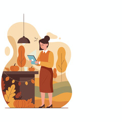 Frustrated woman looking at tablet during autumn Tech issues and holiday stress concept