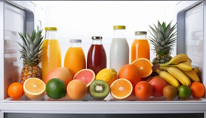 fresh fruits and citrus in a bright white refrigerator symbolizing healthy eating choices and a well stocked home with vibrant organic food options showcasing a balanced diet