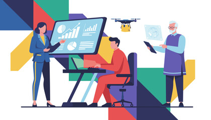 Modern business team using data analytics drone delivery and tech for growth strategy