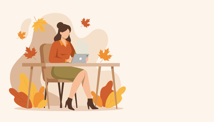 Woman working on tablet in autumnal setting Fall business productivity or remote education concept