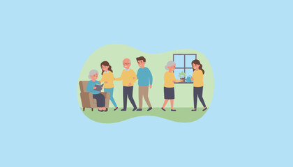 Family care and support for seniors Intergenerational happiness and quality time at home Vector illustration