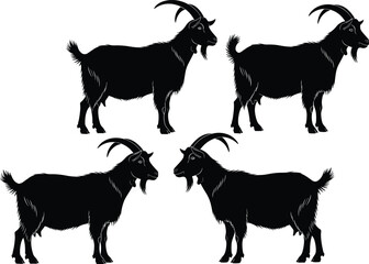 Set of Four Black Goat Silhouettes with Horns, Isolated Vector Illustration for Farm Animal, Livestock, Logo, and Wildlife Designs