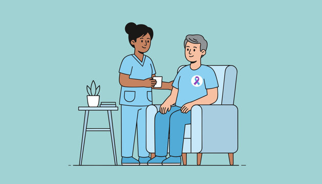 Home care nurse assists senior patient with awareness ribbon symbolizing support and recovery - Powered by Adobe