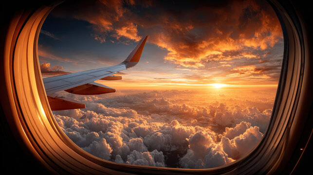 Stunning view of a sunset from an airplane window, above the clouds. The golden sunlight bathes the clouds and the airplane wing in a warm, inviting glow