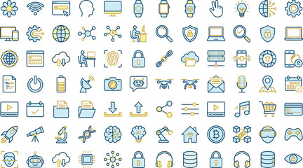 Technology icons, internet, digital tools, AI, cybersecurity, media, communication, innovation, minimal line style, flat vector, blue gold