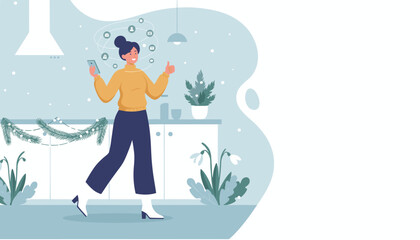 Happy woman uses smartphone for digital life in a cozy winter home giving thumbs up