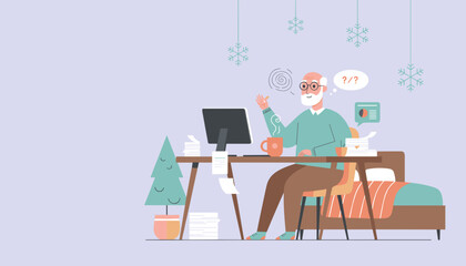 Stressed senior man working from home during winter dealing with workload and complexity
