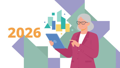 Senior businesswoman reviews data charts on a tablet forecasting business growth for 2026