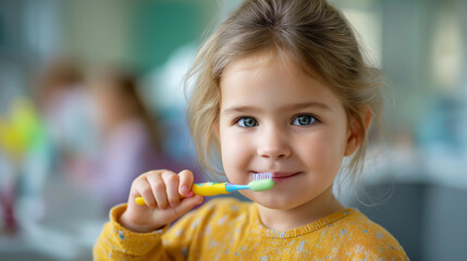 Beautiful little girl brushing teeth at dental clinic, pediatric hygiene education, colorful room, with copy space