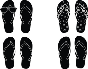 Summer flip flop vector set with decorative designs, sunglasses accent, star patterns, minimal silhouettes, beach footwear illustration for fashion and travel