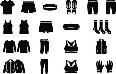 Fototapeta premium “Sports clothing icons set featuring fitness apparel, workout accessories, training gear silhouettes, activewear elements, vector illustration for exercise and athletic design”