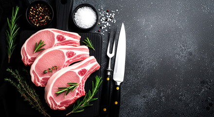 Fresh pork chops with herbs and spices on a dark background, ready to cook
