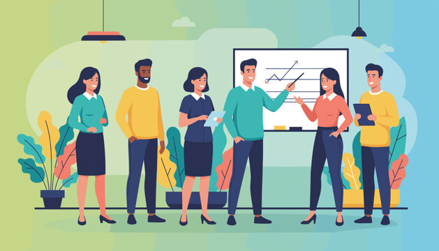 Diverse business team presentation showing financial growth and success in a modern office