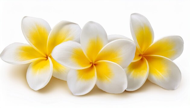 Blooming Yellow White Frangipani Or Plumeria Rubra Flowers Isolated On White Background Clipping Path
