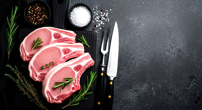 Fresh pork chops with herbs and spices on a dark background, ready to cook
