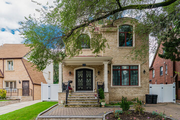 Suburban house architecture. Private house. Neighborhood architecture. Property in neighborhood. Residential property house. Residence architecture. Suburban neighborhood. Private life