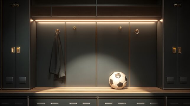 Soccer ball is sitting on a bench in a locker room. The room is dimly lit, and the ball is the only object in the scene - Powered by Adobe