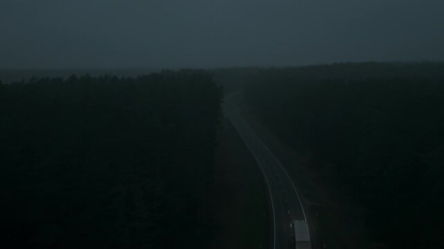 Serene aerial expedition before sunrise across lush dense forest with faint light and misty horizon