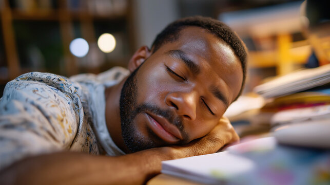 Tired African American student snorts while doing homework, desk clutter, late study mood, authentic candid, with copy space