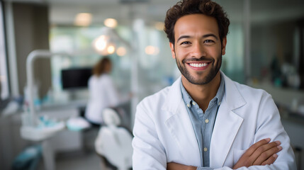 Obraz premium Smiling young Hispanic dentist in clinic, crossed arms, bright operatory, professional warmth, with copy space